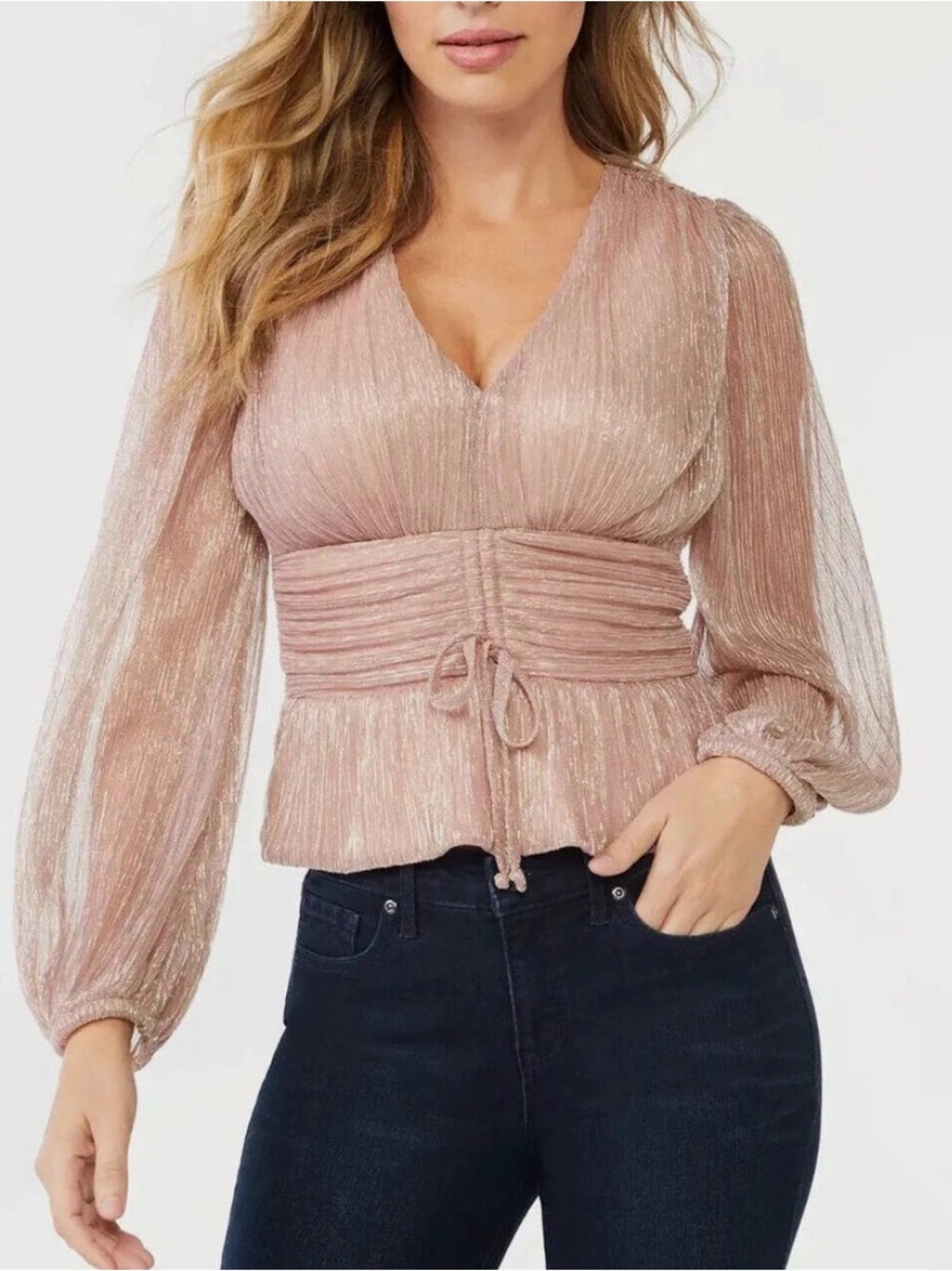 Sofia Jeans sz XXXL Pink Metallic Peplum Lined Blouse with Sheer Long Sleeves